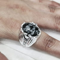 Snowflake Obsidian Mans, prirodni pahuljica, polumjesec, srebrni nakit, srebrni prsten, poklon, teški