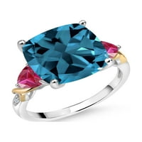 Gem Stone King srebrna i 10k žuta Londonska plava Topaz i crvena stvorena rubin i dijamantni prsten