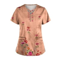Ljetne vrhove Ženska moda V izrez Retro ispisana uniforma sa džepnim majicama kratkih rukava