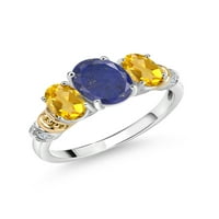 Gem Stone King 2. CT ovalni plavi lapis žuti citrinski srebrni i 10k žuti zlatni dijamantni prsten