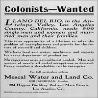 24 X36 Galerija Poster, Los Angeles California ad za Llano Cooperativna kolonija 1914