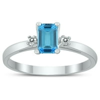 Ženski smaragdni rez 6x plavi Topaz i dijamant tri kamenog prstena u bijelom zlatu od 10k