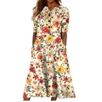 Ženske haljine kratki rukav sunčani haljina Srednjeg duljina ljeto tiskana V-izrez haljina beige xl
