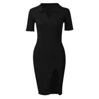 SHPWFBE ženske haljine Crna haljina Ženska ovratnik kratkih rukava Split Plint džemper haljina Ležerne