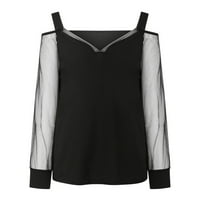 Padne bluze za žene V-izrez mrežice za šivanje van ramena crni xl