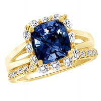 Simulirani Blue Sapphire & White Diamond Halo angažman prsten za angažman u 14K čvrstog zlata sa veličinom