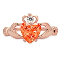 1. CT Sjajan srčani rez simulirani crveni dijamant 14k Rose Gold Solitaire Claddagh prsten SZ 5.25