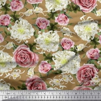 Soimoi Green Japan Crepe Satin Tkaninski listovi, bijeli cvjetni i ružini cvjetni dekor tkanini od ispisanog