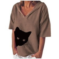 Pamučne dukseve za žene Slatke mačke tiskane kratkih rukava majica Ljetni casual labavi fit lagani pulover