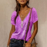 Puntoco Women Clearence plus veličine kratkih rukava V-izrez za ispis ležerne bluze Majica Pruy Purple