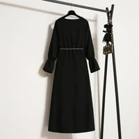Ljetne haljine za žene jesenska haljina Crewneck Solid Boja kaiš dugih rukava šifonska haljina crna