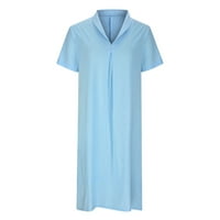 Haljina od pamučnih posteljina kratkih rukava za žene Čvrsta boja rever Duljina koljena