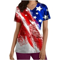 Odeerbi 4. juli Patriotski piling vrhovi za žene Dan nezavisnosti tiskana radna odjeća sa džepnim kratkim rukavima V-izrez majica Plava
