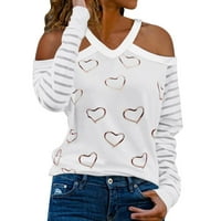 Cisterna za žene Ženska elegantna košulja Srce Print V izrez majica za hladnu rame Tunika majica mekani dugi rukav pulover TOP WHITE + M