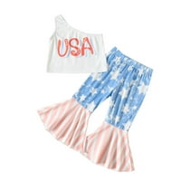Mikilon Toddler Baby Girl USA Pismo Ispis vrhova bez rukava + Stripe Star Bell-Holt hlače postavljaju