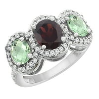 14k bijeli zlatni prirodni granat i zeleni ametist 3-kameni prsten ovalni dijamantski akcent, veličina 6.5
