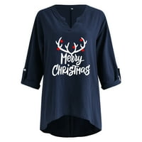 Prodaja Ženska povremena pamučna majica s dugim rukavima Drop ramena Notch V-izrez Lood Merry Božićno