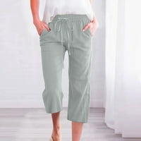 Ženske posteljine hlače visoke struk široke noge casual labavi kapris pantalone ravne hlače s džepovima