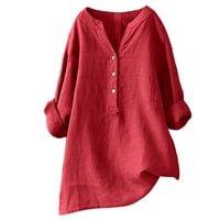 Clearsance Ljetni vrhovi za žene Trendy bluza Čvrsta dugi rukav casual ženske bluze Henley Loose, Crvena,
