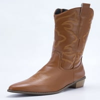 Glookwis Womens Western Cowgirl Boits Side Zip vezene cipele šiljasti prsti mid teleće dame casual moda udobnost Chunky Heel Brown 7