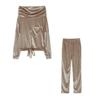 Ženske pidžame - dugih rukava hladno rame Solid Top dugačke hlače casual set set khaki xl
