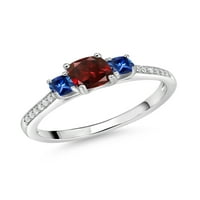 Gem Stone King 1. CT jastuk Red Garnet Blue Created Sapphire Sterling srebrni prsten
