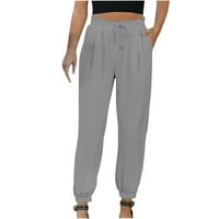 HOKSML pantalone za žene, ženska puna boja pamučne i posteljine izvlačenja elastične struke duge ravne hlače na klirensu