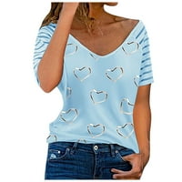 Huachen ženske casual majice kratki rukav modni srčani tisak majica T-majice Tee, nebo plavi s