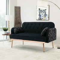 Vintage Loveseat Couch Tkanini za presvlake za slobodno vrijeme sa jastucima, dvostrani kauč sa 2 sjedala kauč za dnevne sobe s metalnim nogama za mali prostor, crni