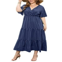 Colisha Dame Long Haljina V izrez Ljeto Maxi haljine kratki rukav Sundress Loose Travel Plus size Blue