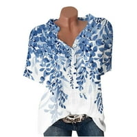Ženske bluze - Ležerna bluza V-izrez cvjetna ženska modna kratkih rukava ljetni vrhovi plavi 2xl