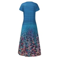 Žene kratki rukav A-line Dužina gležnjada Modna ljetna tiskana okrugla dekoltena haljina svijetlo plava