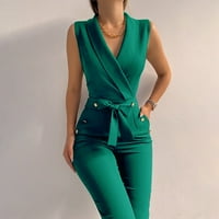 Zelena ženska nova modna čvrsta boja T Wist Dugme V-izrez bez rukava Slim Fit Business kombinezon