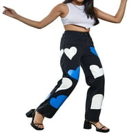 Ženske vrećaste traperice modno srce Print High Squik široke noge Trake casual streetwer pantalone