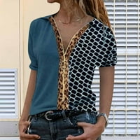 HHEI_K Ženski povremeni modni print patentni zatvarač kapuljača Blokiranje boja s kratkim rukavima za