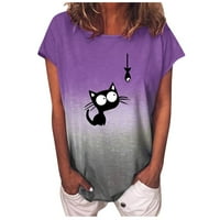 Ženski vrhovi Žene Tie-Dye Cat Fashion Ispisao Šareni kratki rukav Vruza za bluzu za vrat Purple XXL