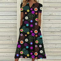 Žene Ljetne boemske midi haljine cvjetni casual v vrat kratki rukav swing a-line maxi haljina duge haljine