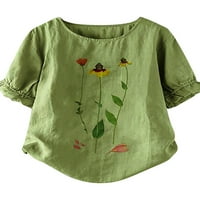 Springttc Ženska ljetna majica Pamučna posteljina cvjetni print okrugli vrat kratki rukav ljetni bluza