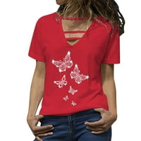 Ženska opuštena fit majica s kratkim rukavima V-izrez Tunic bluza TEES casual tiska crveni xxl
