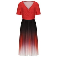 Ernkv Ženska plus Veličina Dužina čaja Dress Clearence Solid Gradient Short rukava Summer Beach V izrez Sundress Empire struk Elegantni odmor Retro Boho Red XXXXX