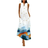 Maxi haljina za ženske ležerne duge haljine sa prugastom cvjetnim rukama maxi haljina bez rukava, plavi
