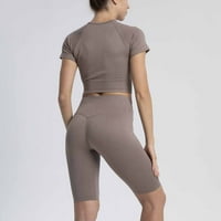 Yoga hlače Flare, ženska modna casual puna boja visoki struk elastični oblik joga odijelo majica s kratkim rukavima + šorc dvodijelni odijelo smeđe boje