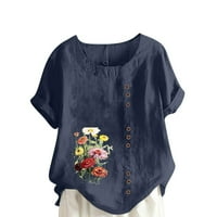 Ljetne žene pamučne posteljine majice Trendy kratkih rukava Ležerne prilike cvjetne tunike TEES COMFY