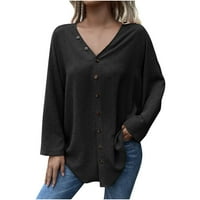 Žene nepravilno dugme dolje od punog gornje i bluze jesen zimske utočane labave fit tunike majice s dugim rukavima crna xl