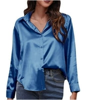 Ernkv ženske bluze košulje saten dugih rukava dolje majica casual uredskim radnom bluzom izlasku izlaska na odmor V-izrez Solid Color Sky Blue XL