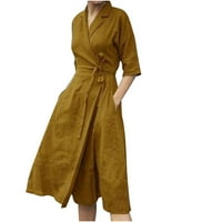 Dugi rukav V-izrez-izrez-viška haljina Ženska modna ležerna pamučna i posteljina puna boja Srednja rukava