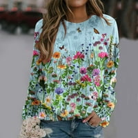 Ženska modna casual cvjetna ispis posada za vrat labav fit majica s dugim rukavima Top bluza pulover vrhove