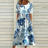 Žene Fit & Flare haljina cvjetna dužina gležnja V-izrez kratki rukav haljine plave l
