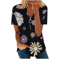 Pola zatvarača up bluze za žene V izrez kratki rukav tiskani majice Summer Dressy Casual Tops Black XL