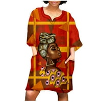 Ležerna haljina za žene modni afrički vintage print srednji rukav v izrez mini presjezi l